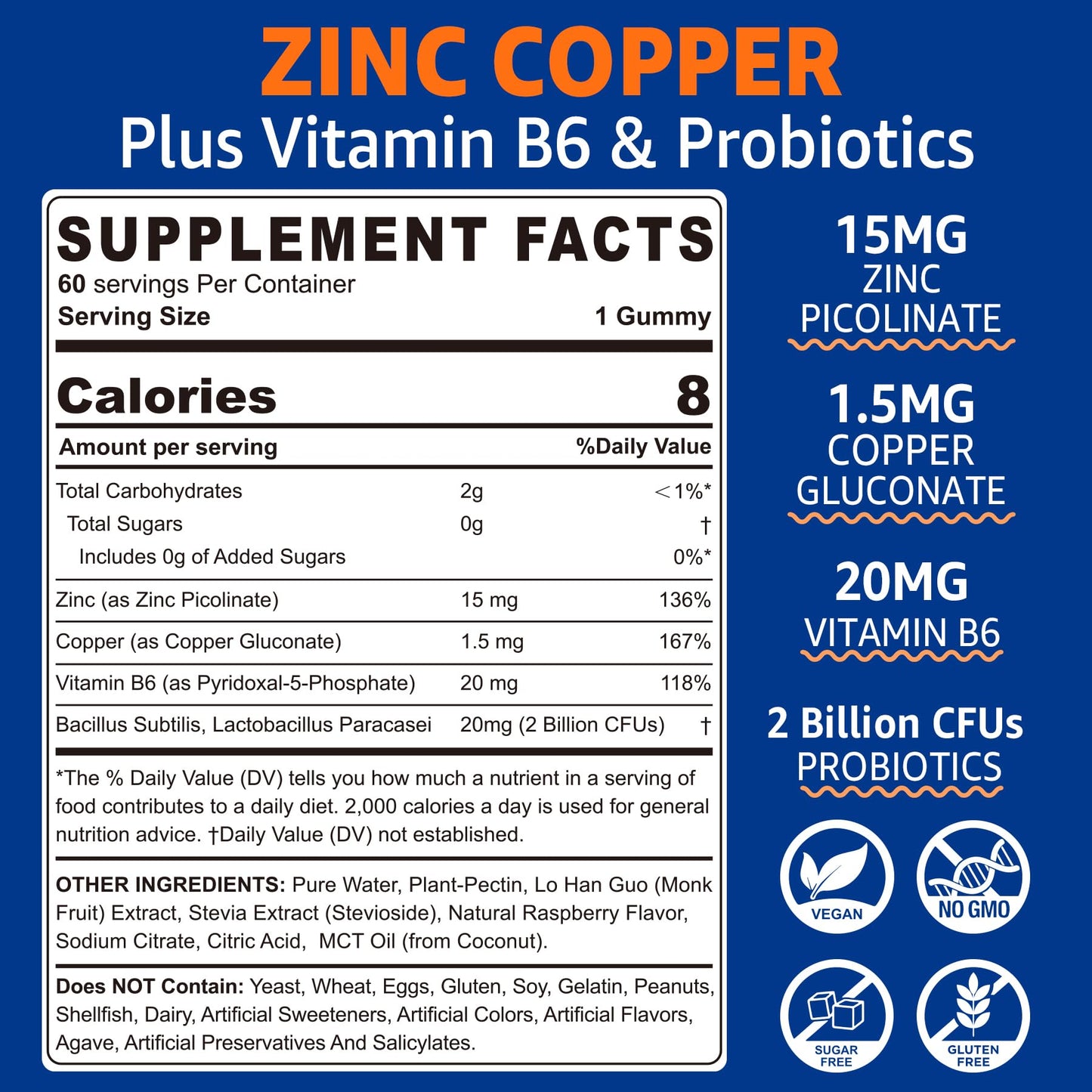 Zinc Gummies with Copper + Probiotics – Immune & Gut Health, Vegan, Non-GMO (120 Cts)