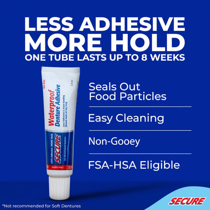 Secure Waterproof Denture Adhesive - Zinc Free - Extra Strong Hold 1.4 oz