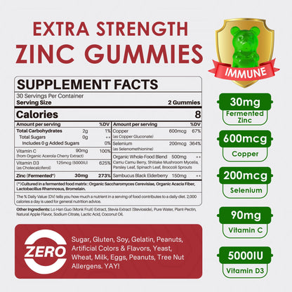 Zinc Gummies with Copper, Selenium, Vitamin C & D3 + Elderberry – Fermented Zinc (2 Pack) – Vegan, Sugar Free