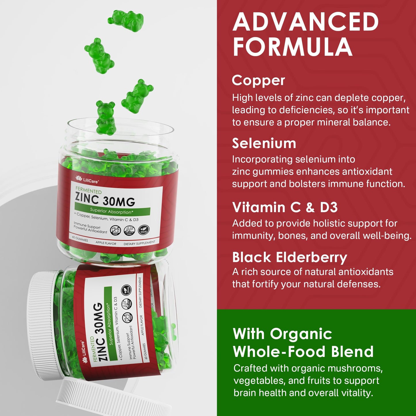 Zinc Gummies with Copper, Selenium, Vitamin C & D3 + Elderberry – Fermented Zinc (2 Pack) – Vegan, Sugar Free