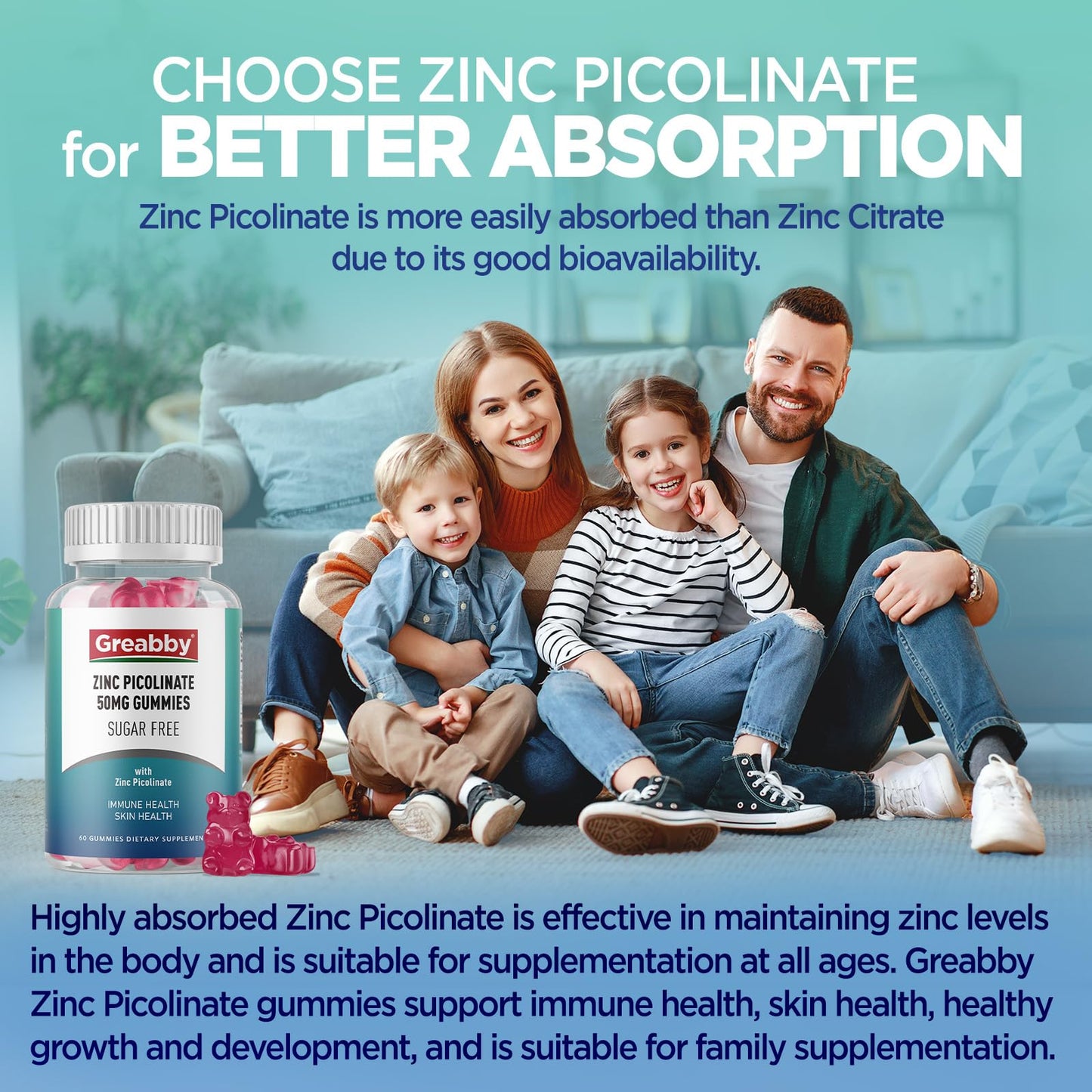 Zinc Gummies Picolinate 50mg – Sugar Free, Immune & Skin Health (60 Gummies)