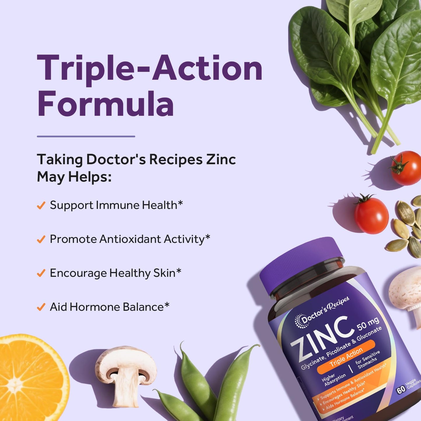 Doctor's Recipes Zinc Supplement 50mg – Triple Action Immune Support | 60 Capsules