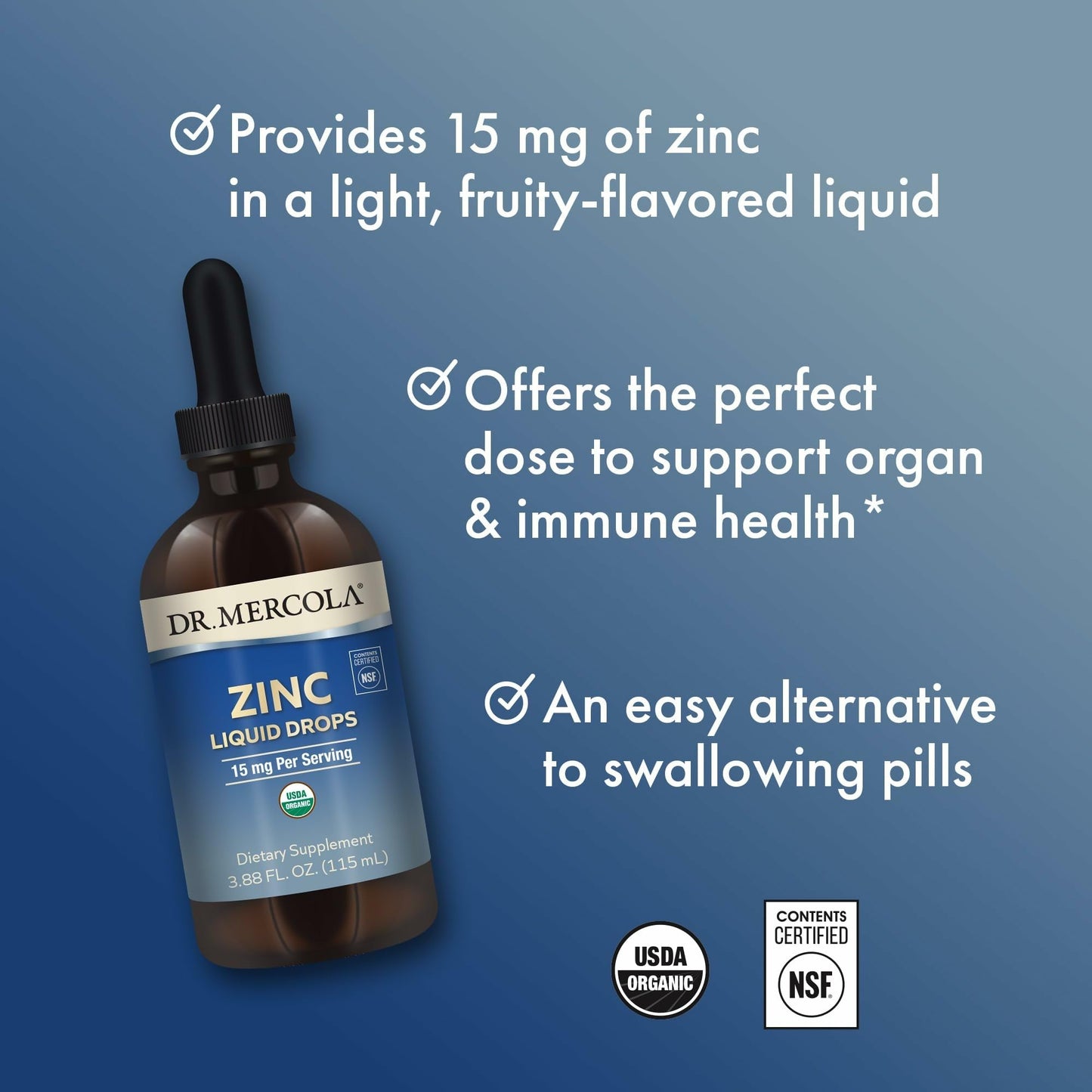 Dr. Mercola Zinc Liquid Drops — 15 mg Zinc, Organic, Immune & Organ Support, 3 Pack