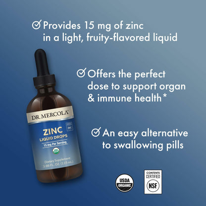 Dr. Mercola Zinc Liquid Drops — 15 mg Zinc, Organic, Immune & Organ Support, 3 Pack
