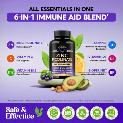 Zinc Picolinate 50mg - Immune Support, Skin Health, Slow Release | 60 Capsules