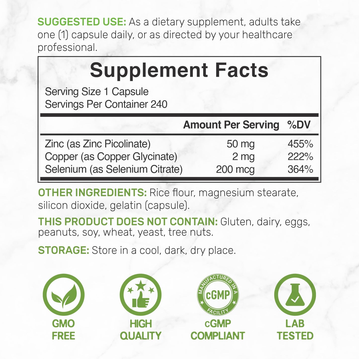 Zinc Picolinate 50mg with Selenium & Copper – 240 Capsules (8 Months) | Immune Support