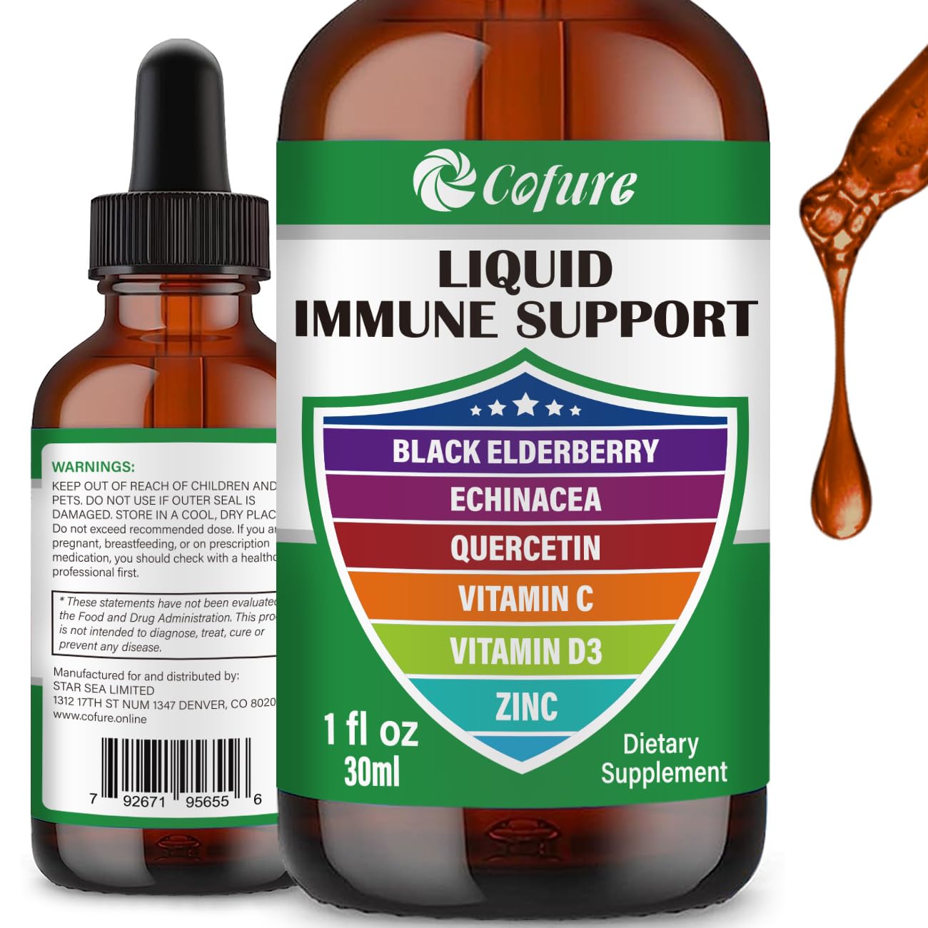Zinc Quercetin Vitamin C D3 Liquid Immune Support with Organic Echinacea & Elderberry – 1 Fl Oz