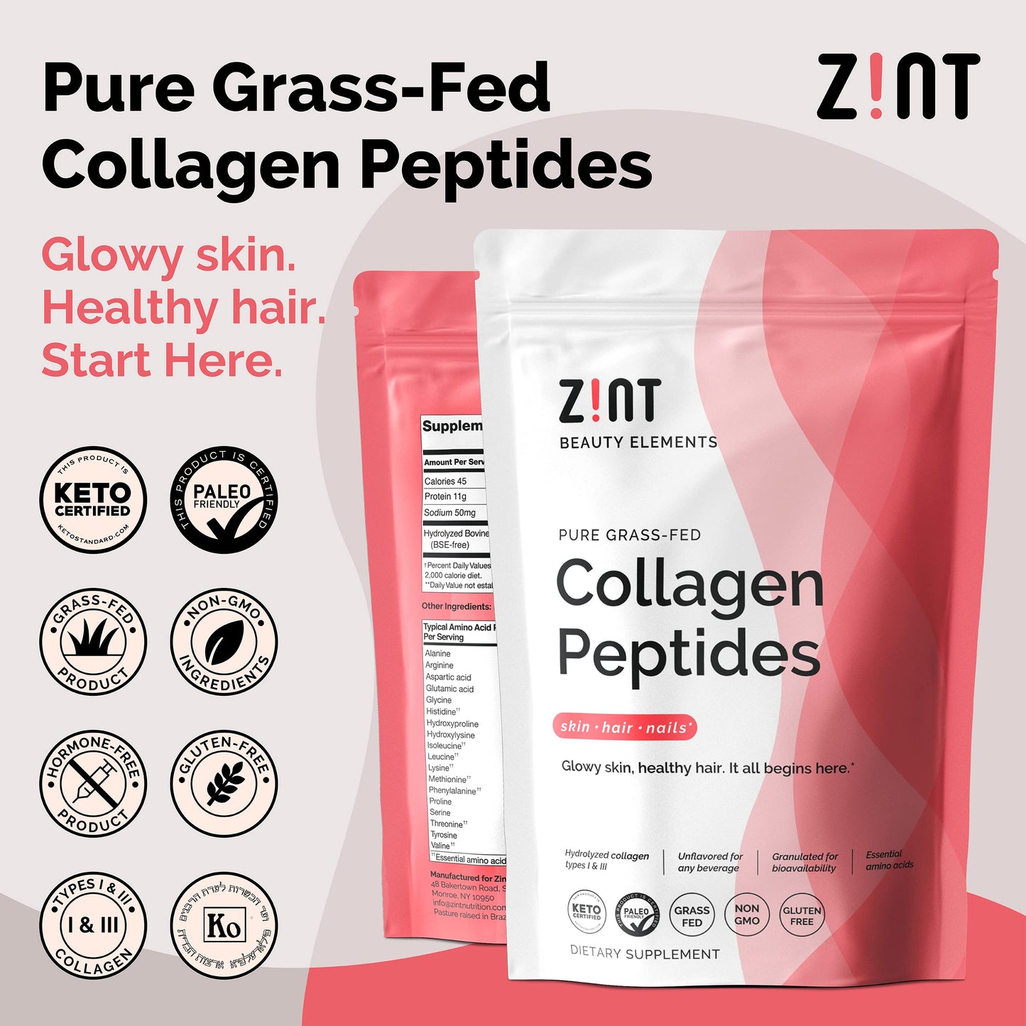 Zint Collagen Peptides Powder (32 oz) – Paleo, Keto, Grass-Fed, Unflavored, Non-GMO