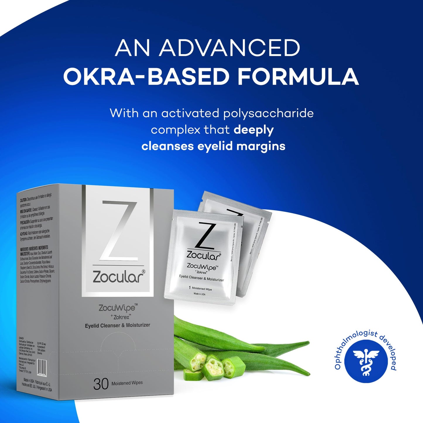 Zocuwipe Eyelid Wipes with Natural Okra Complex — Gentle Cleanse & Moisturize (30ct)