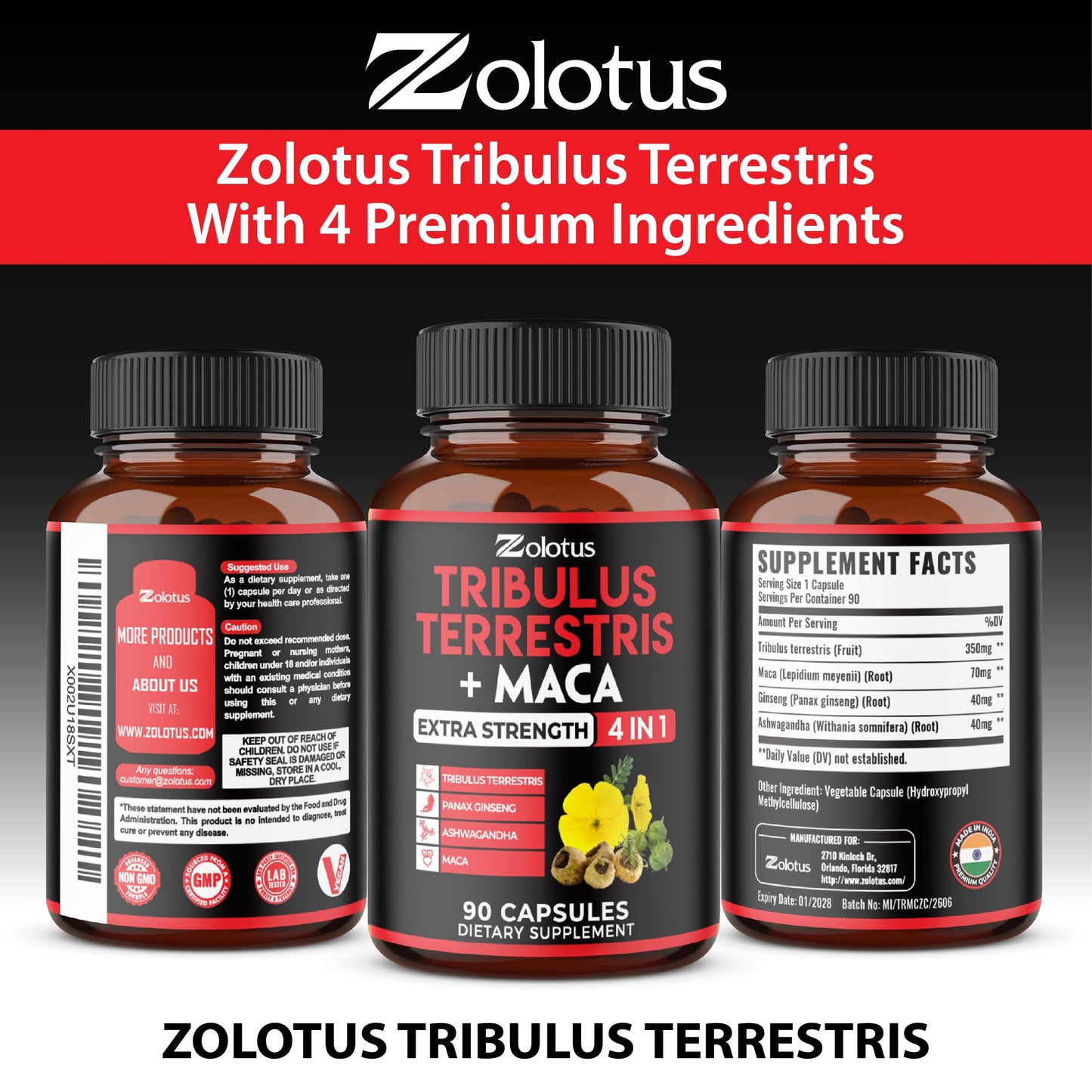 Zolotus 2 Packs Tribulus Terrestris with Maca Root Ashwagndha Root Panax Ginseng - 6 Months Supply