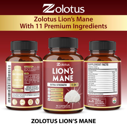 Zolotus 11 in 1 Lion's Mane Capsules – 3 Month Supply with Cordyceps, Reishi & Ginseng