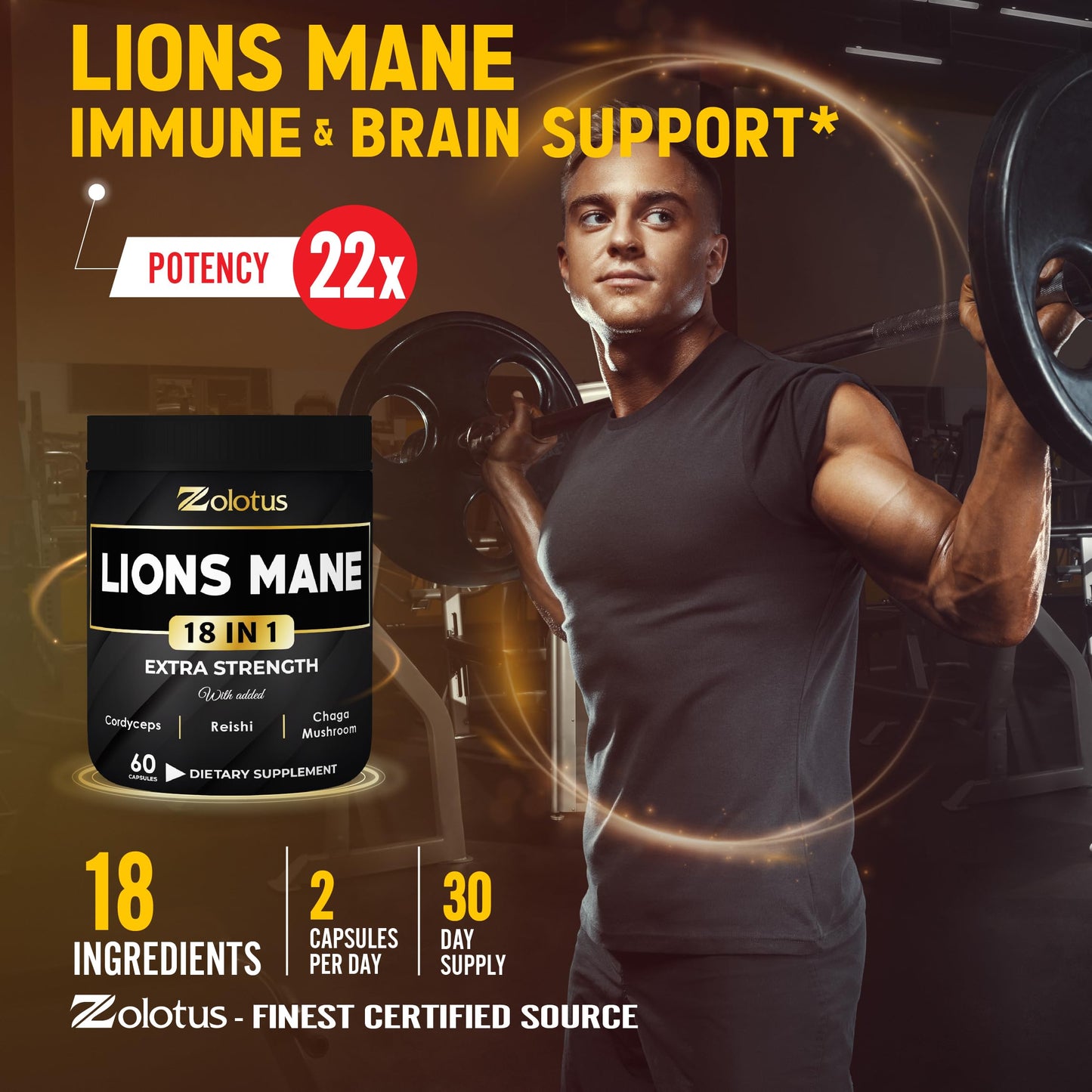 Zolotus Lions Mane Capsules with Cordyceps – 60 Count | Brain & Immune Support