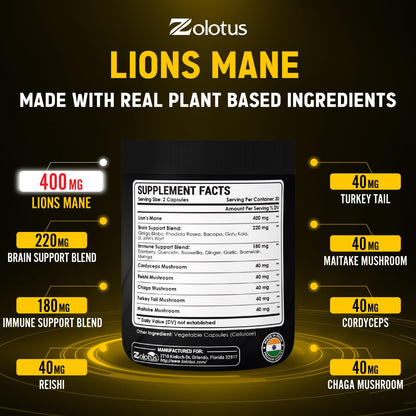 Zolotus Lions Mane Capsules with Cordyceps – 60 Count | Brain & Immune Support