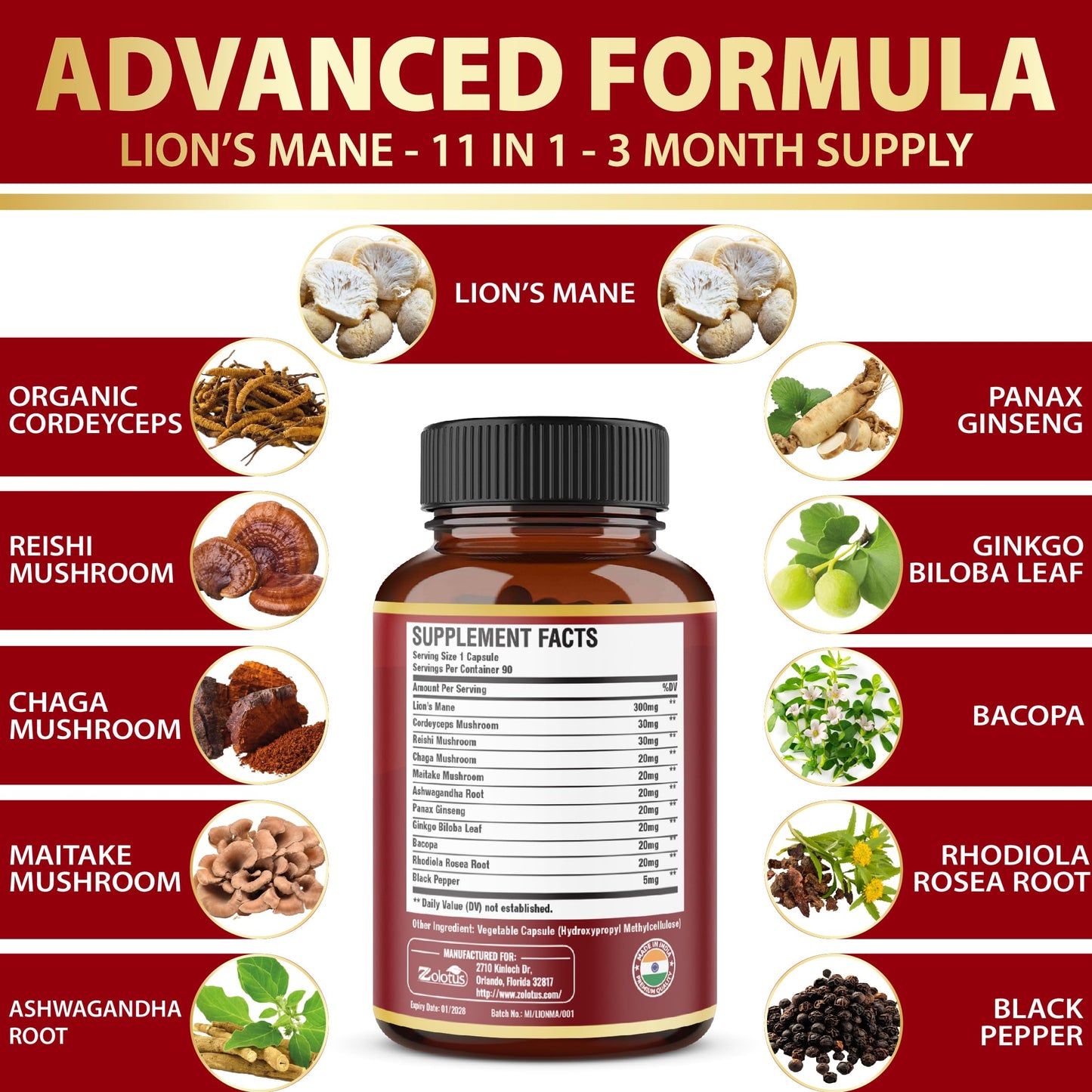 Zolotus 11 in 1 Lion's Mane Capsules – 3 Month Supply with Cordyceps, Reishi & Ginseng