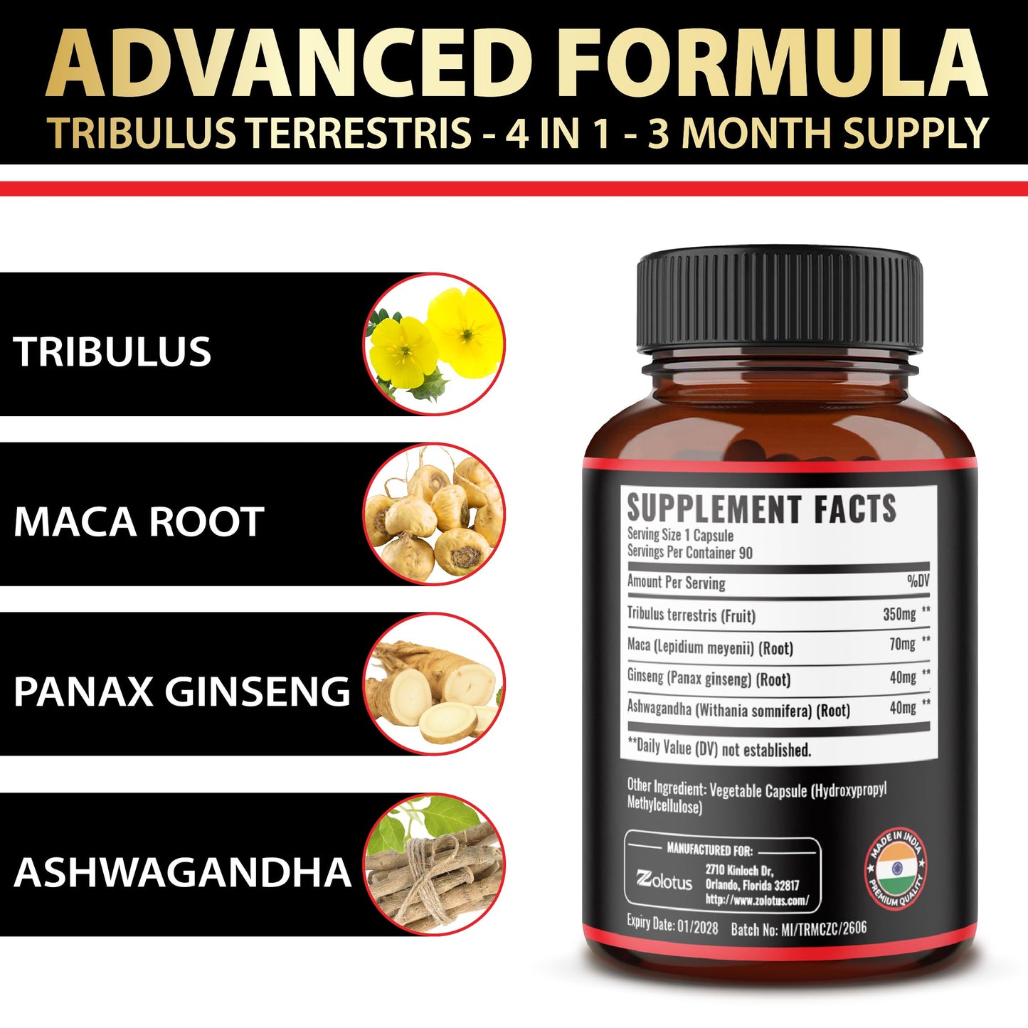Zolotus Premium Tribulus Terrestris Capsules with Ashwagandha, Panax Ginseng & Maca – 90 Count (3 Months)