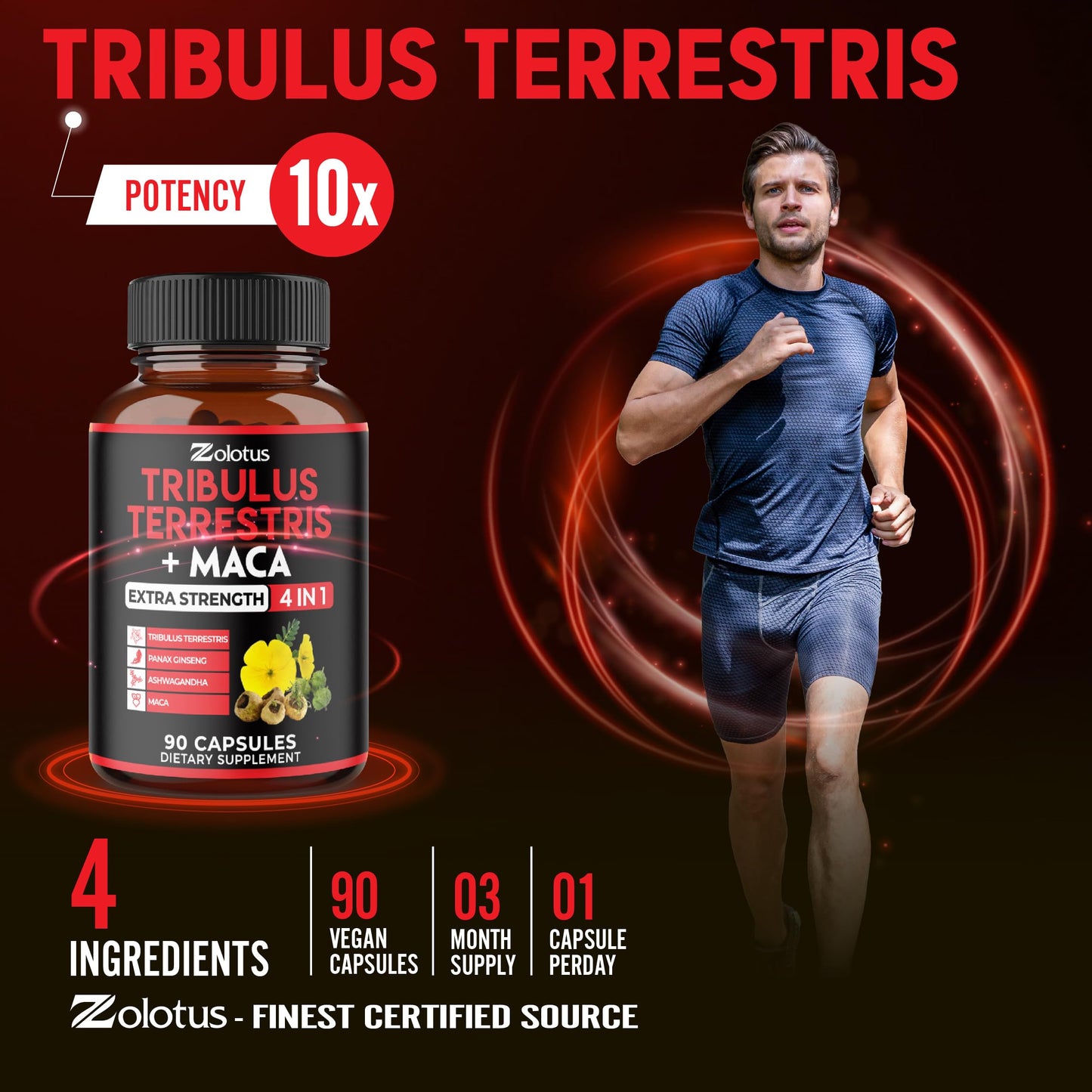Zolotus Premium Tribulus Terrestris Capsules with Ashwagandha, Panax Ginseng & Maca – 90 Count (3 Months)
