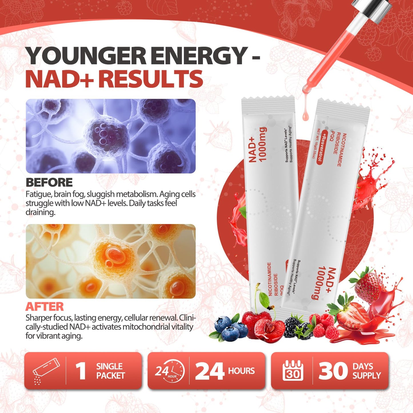 Zooone NAD+ Liquid Supplement 1000mg | Nicotinamide Riboside & Resveratrol - 30 Pack