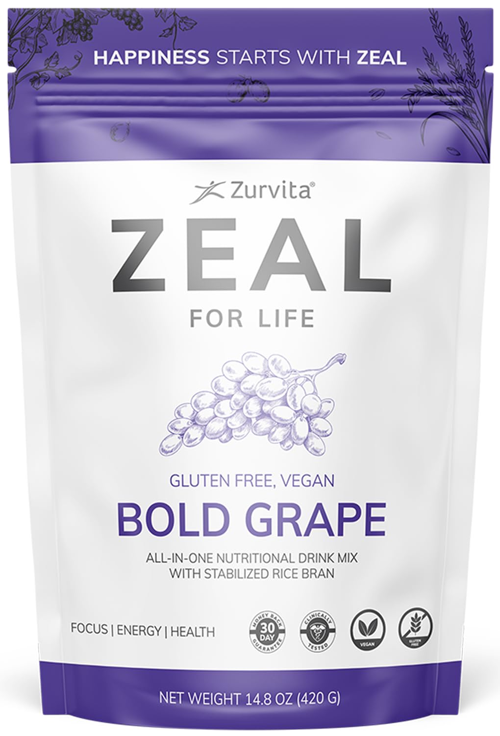 Zurvita Zeal for Life - Bold Grape Flavor | Daily Nutrition for Vitality & Wellness - 30-Day Wellness Bag 420g