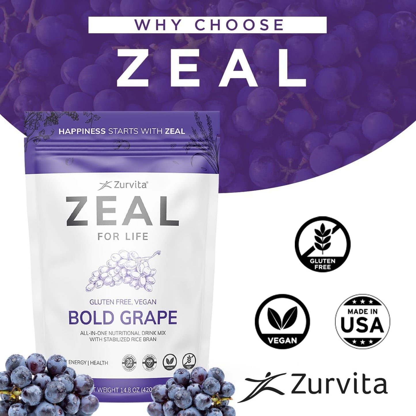 Zurvita Zeal for Life - Bold Grape Flavor | Daily Nutrition for Vitality & Wellness - 30-Day Wellness Bag 420g