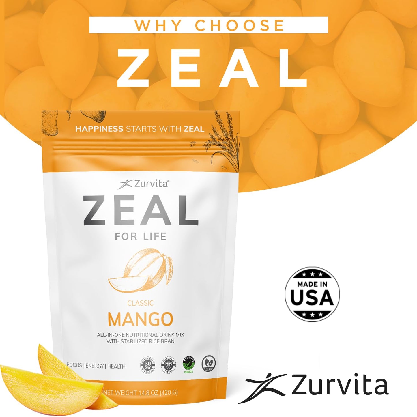Zurvita Zeal for Life Wellness Drink Mix – Mango Flavor, Gluten-Free & Vegan (30 Servings, 420g)
